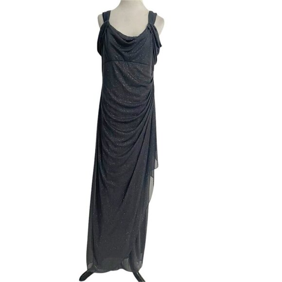 Alex Evenings Size 16 Maxi Dress Sleeveless Gray Shimmer Wedding Party Ruched - Picture 1 of 11